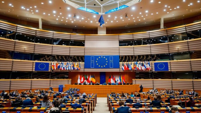 The main chamber of the European Parliament in Brussels, with delegates seated and flags displayed