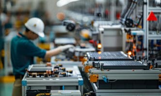 A worker in a hard hat operates machinery in a busy factory in China.