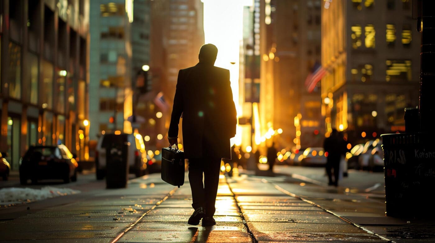 Federal worker walking down a city street at sunset with briefcase