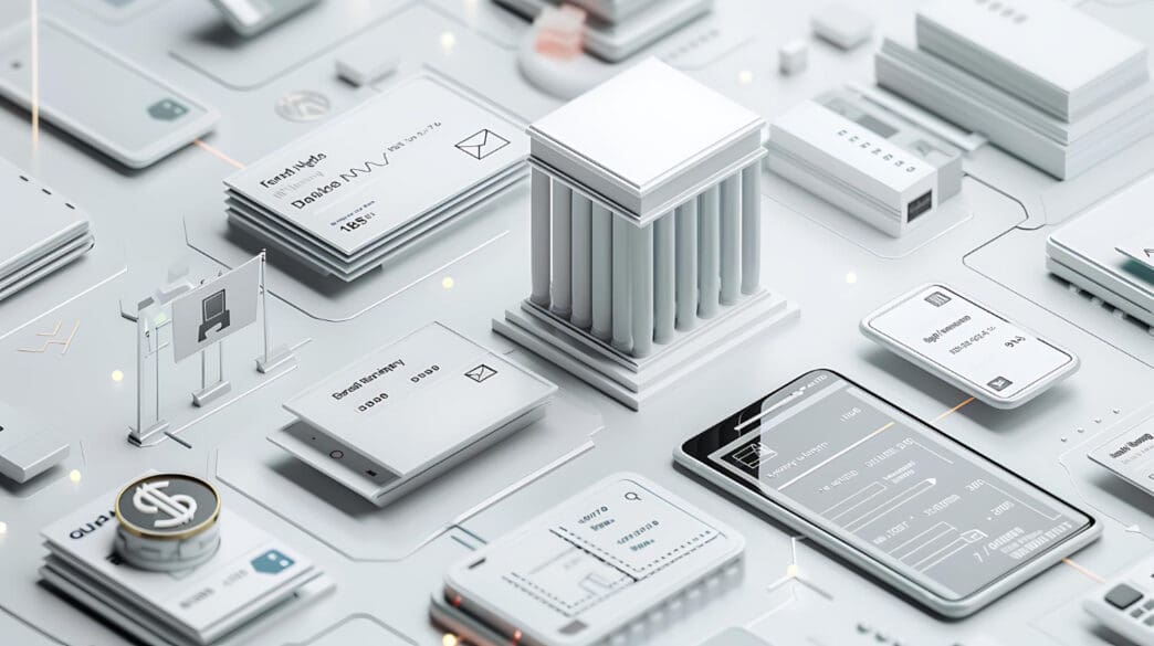 A collection of sleek, white digital devices, financial icons, and a miniature bank building on a gray surface.