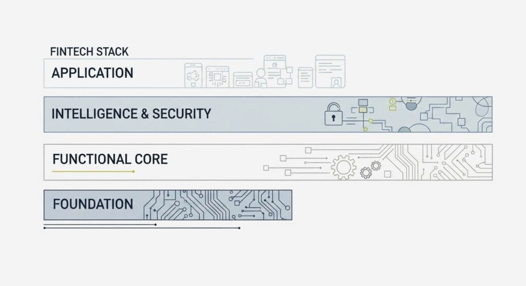 A four-level diagram of a FinTech stack with the layers labeled Application, Intelligence & Security, Functional Core, and Foundation.