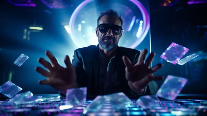 A man in sunglasses leans over a futuristic table with glowing cards, representing a venture capitalist making big bets