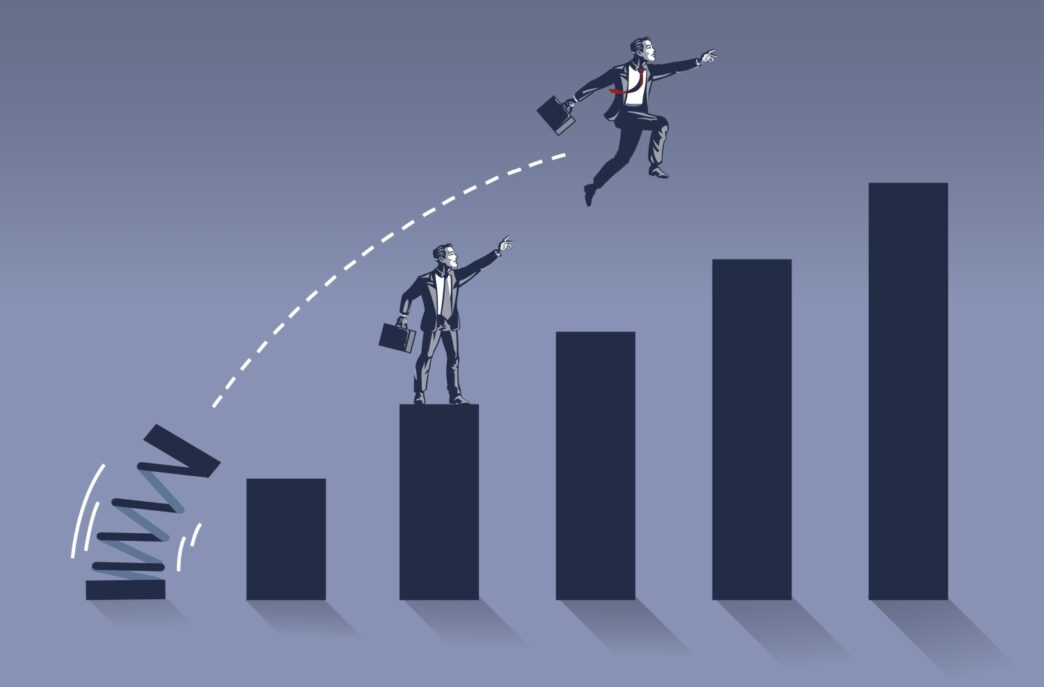 An illustration of a businessman jumping with a spring to a higher bar on a financial growth chart