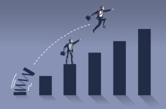 An illustration of a businessman jumping with a spring to a higher bar on a financial growth chart