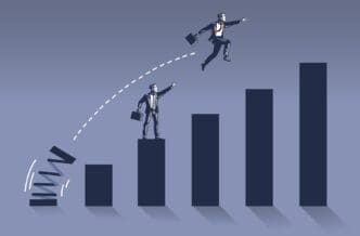An illustration of a businessman jumping with a spring to a higher bar on a financial growth chart