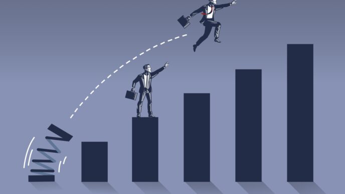 An illustration of a businessman jumping with a spring to a higher bar on a financial growth chart