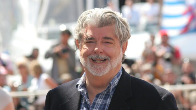 George Lucas, the filmmaker, smiling and looking directly at the camera at a film festival