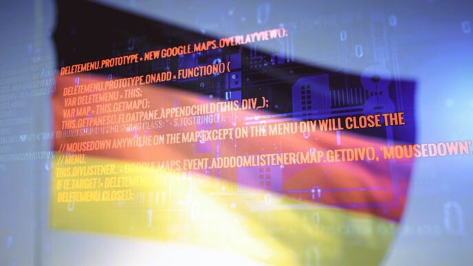 The German flag is overlaid with lines of computer code, representing technology and data