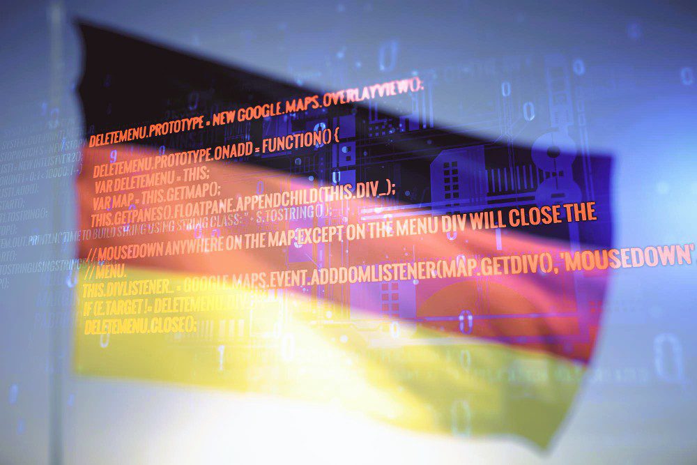 The German flag is overlaid with lines of computer code, representing technology and data