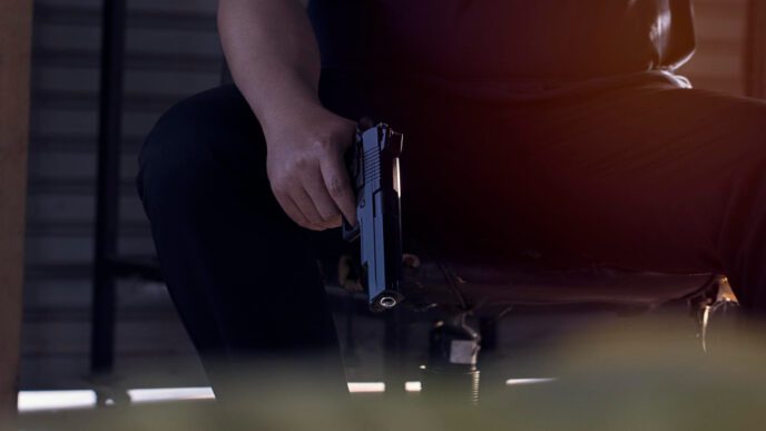 A person is sitting down and holding a handgun, with a focus on the weapon