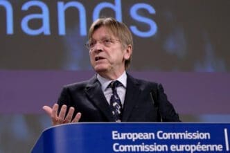 Guy Verhofstadt, a Member of the European Parliament, speaking at a press conference