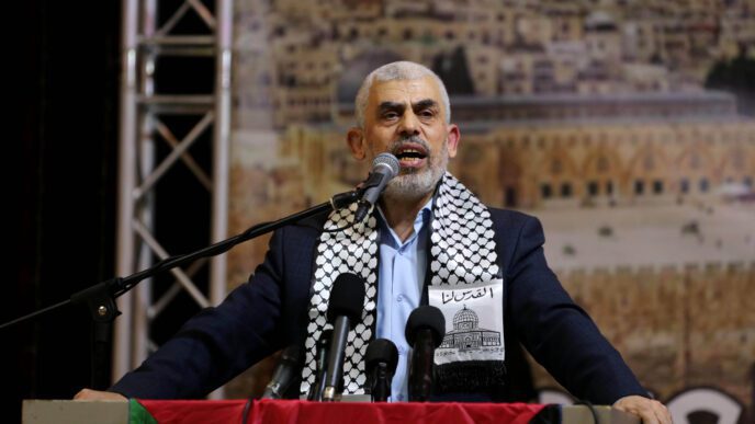 Hamas leader Yahya Sinwar speaking at a conference with a crowd and city in the background