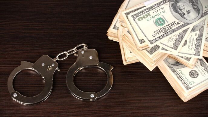 A pair of handcuffs lying next to a large stack of US hundred-dollar bills on a dark wooden surface.