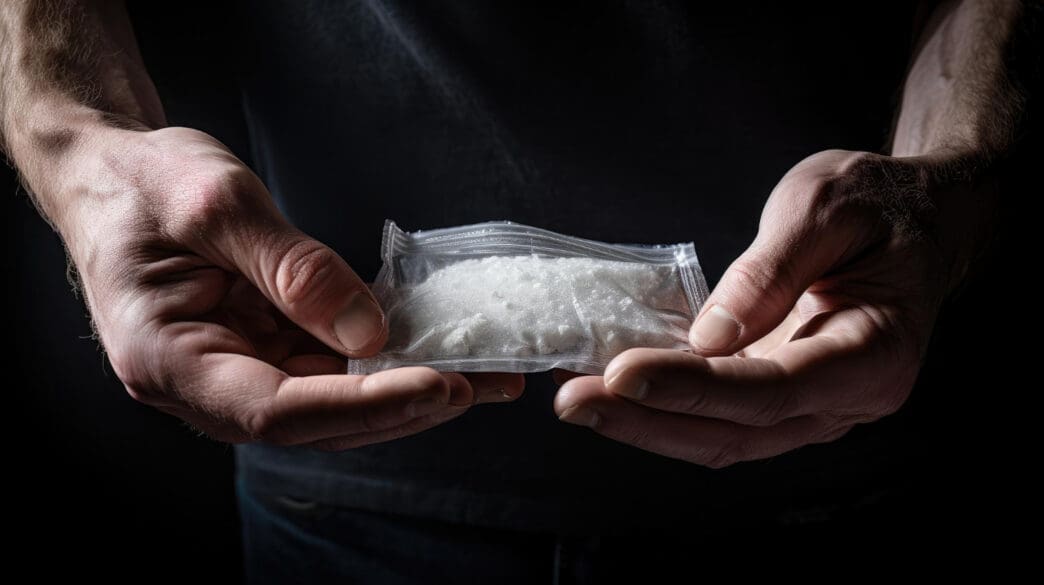 A person holds a transparent plastic bag containing a white, crystalline substance.