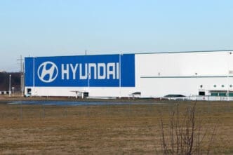 The exterior of a large Hyundai Motor Manufacturing plant building in Montgomery, Alabama
