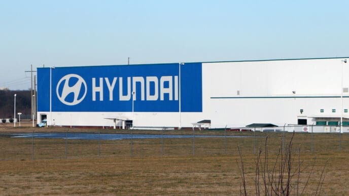 The exterior of a large Hyundai Motor Manufacturing plant building in Montgomery, Alabama