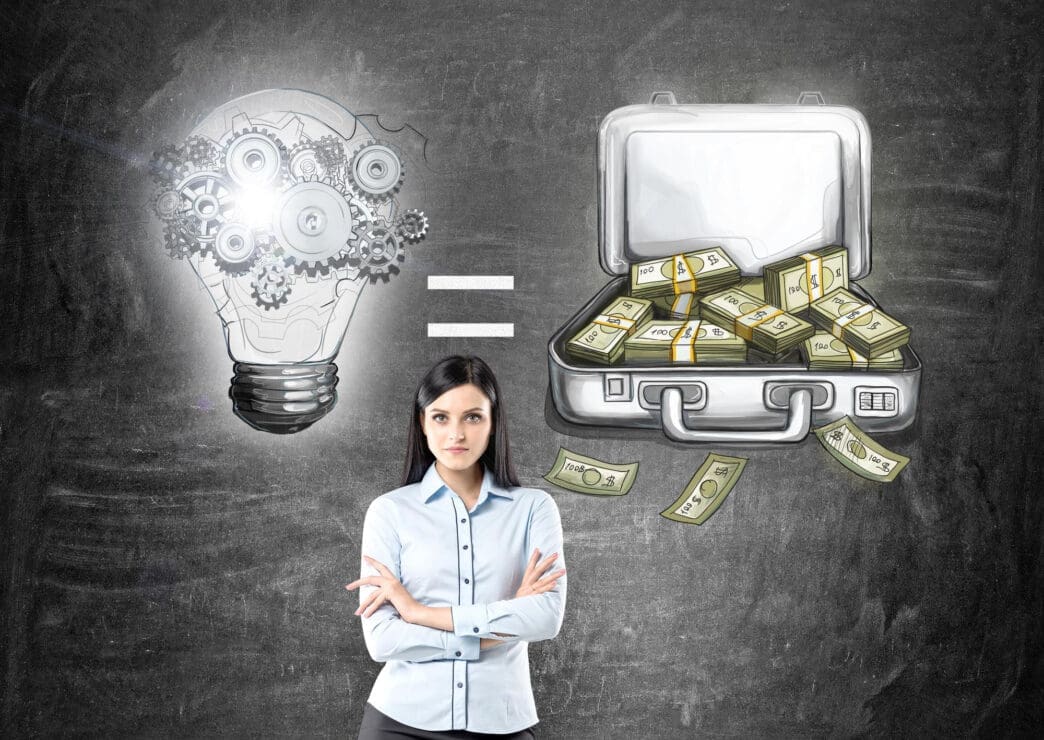 A woman stands between a drawing of a lightbulb with gears and an open suitcase full of money