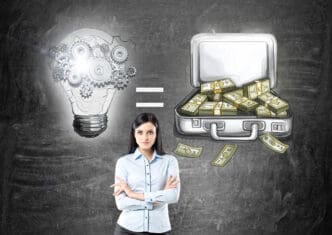 A woman stands between a drawing of a lightbulb with gears and an open suitcase full of money