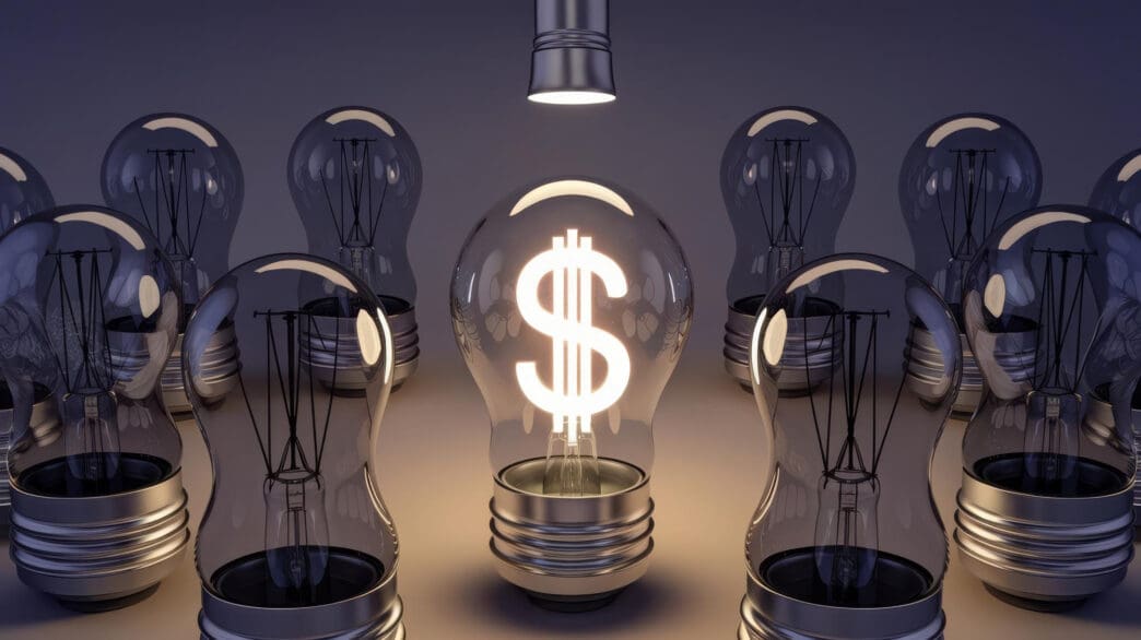 A lit lightbulb with a dollar sign inside is surrounded by unlit lightbulbs