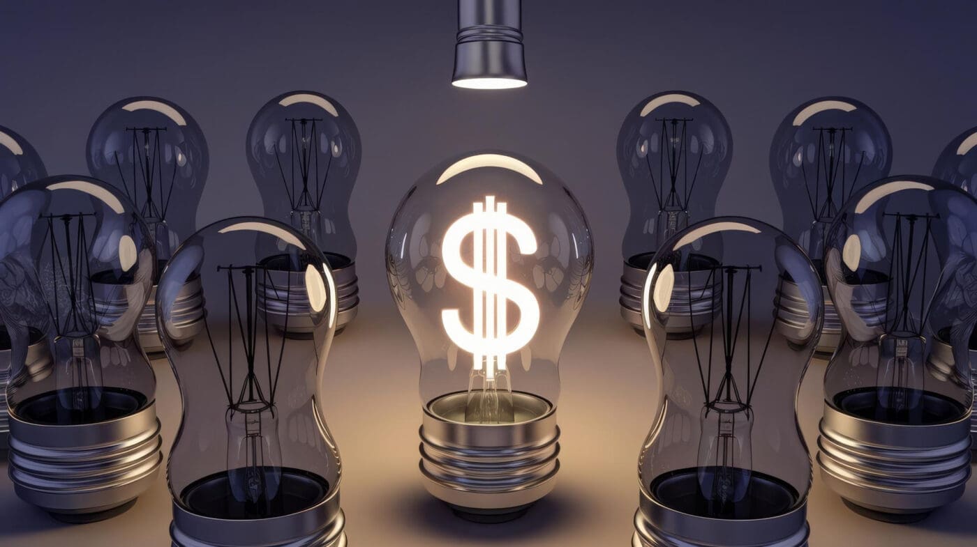 A lit lightbulb with a dollar sign inside is surrounded by unlit lightbulbs