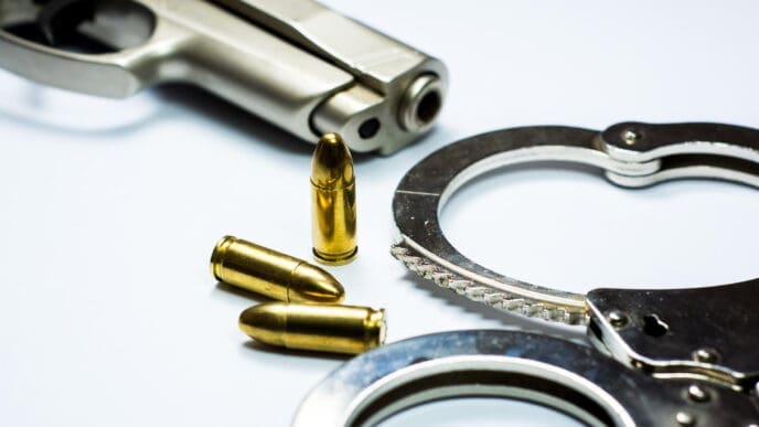 Handcuffs and bullets near a handgun on a white surface