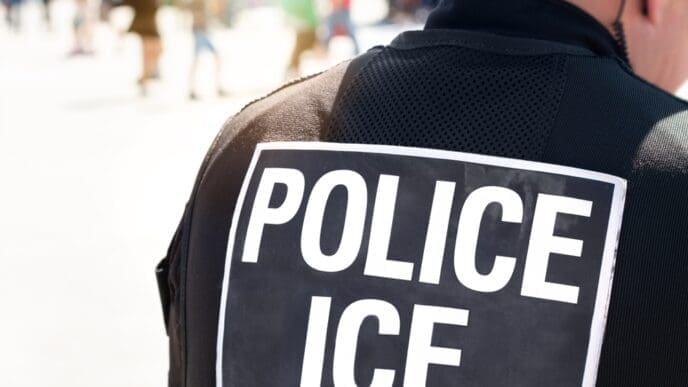 The back of a police officer's black vest with a large white sign that reads "POLICE ICE"