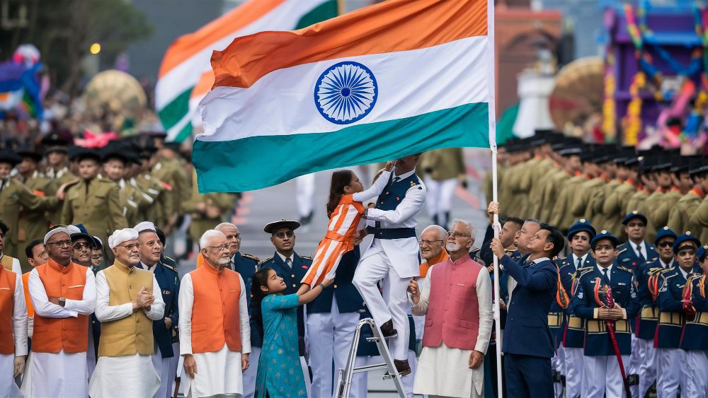 A large Indian flag being held by a group of people, including children and military personnel