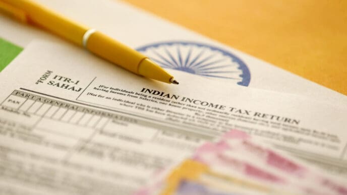 A yellow pen rests on an Indian Income Tax Return form with Indian currency in the foreground