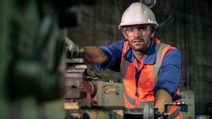 A male engineer in a hard hat and safety gear works on machinery in a factory