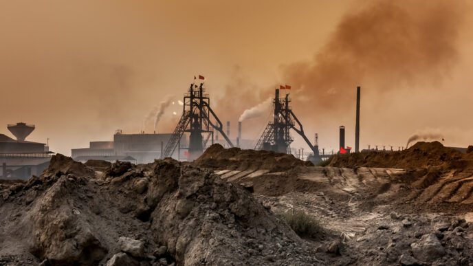 An industrial plant with smokestacks and waste piles polluting a hazy, orange-toned sky