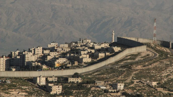 The Israeli West Bank barrier, a large concrete wall, separates a Palestinian town from the surrounding land