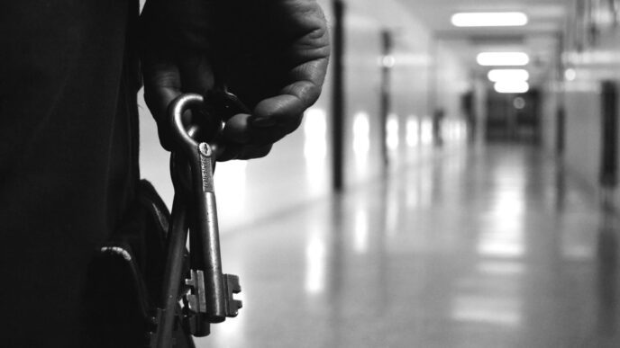 A jailer's hand holding a large ring of keys with a prison hallway in the background