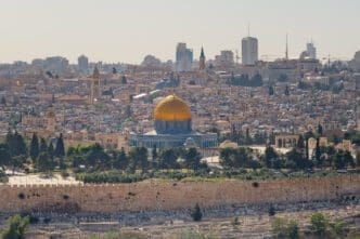 The skyline of Jerusalem with the Old City walls and the golden Dome of the Rock