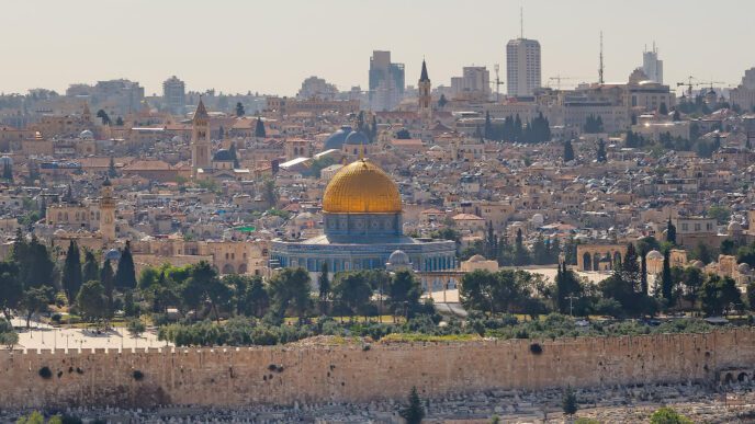 The skyline of Jerusalem with the Old City walls and the golden Dome of the Rock