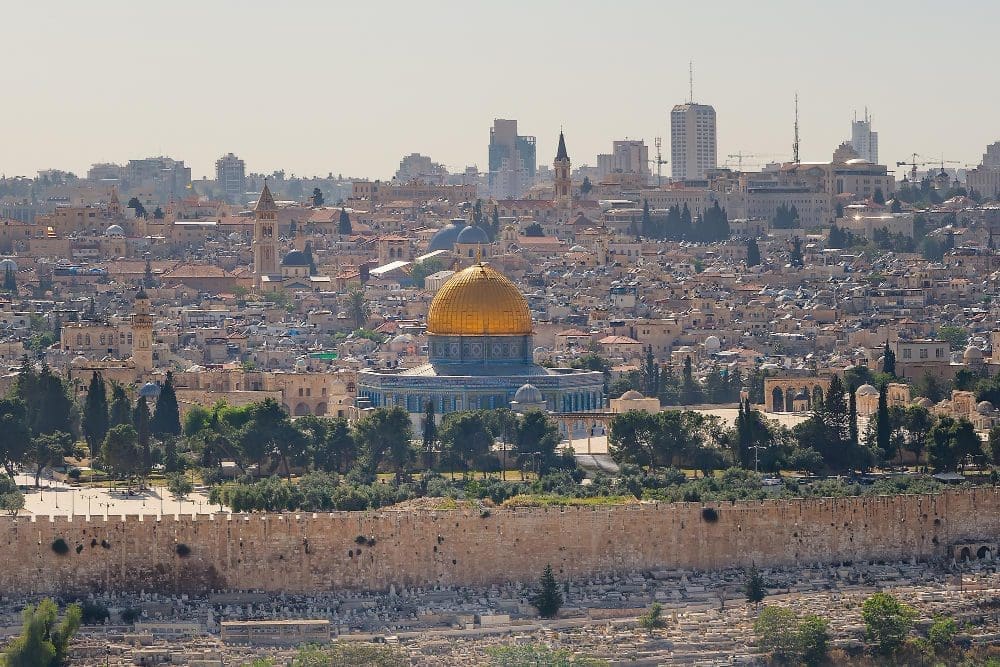 The skyline of Jerusalem with the Old City walls and the golden Dome of the Rock