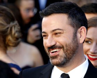 Jimmy Kimmel smiling and laughing while on the red carpet at the Academy Awards