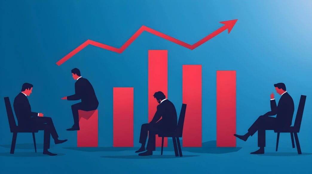 Silhouetted figures in suits sit around a bar chart, representing workers watching dropping job rates amid labor market uncertainty