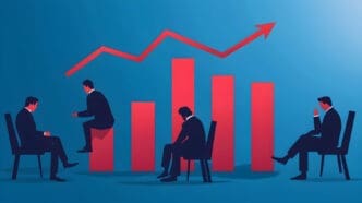 Silhouetted figures in suits sit around a bar chart, representing workers watching dropping job rates amid labor market uncertainty