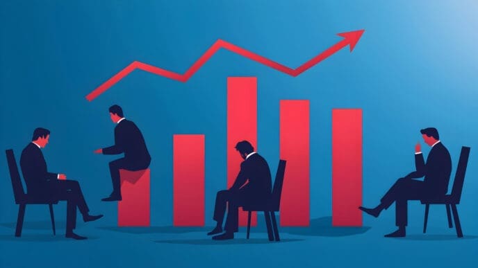 Silhouetted figures in suits sit around a bar chart, representing workers watching dropping job rates amid labor market uncertainty