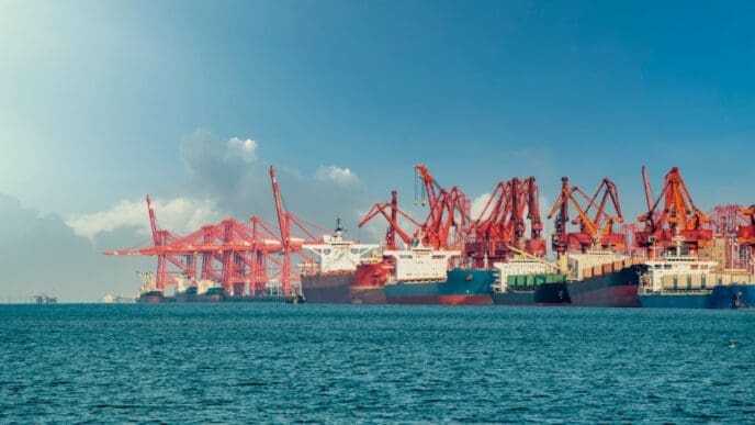 A line of large cargo ships is docked at the Lianyungang container terminal with many tall red cranes