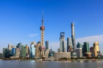 The modern and iconic skyline of Shanghai's Lujiazui financial district with the Pearl Tower