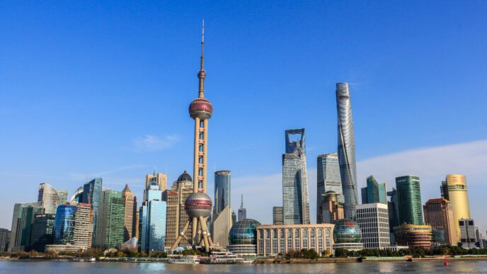 The modern and iconic skyline of Shanghai's Lujiazui financial district with the Pearl Tower