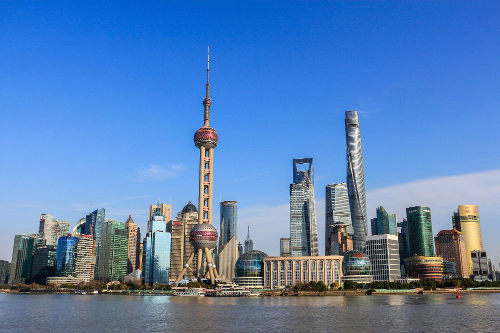 The modern and iconic skyline of Shanghai's Lujiazui financial district with the Pearl Tower