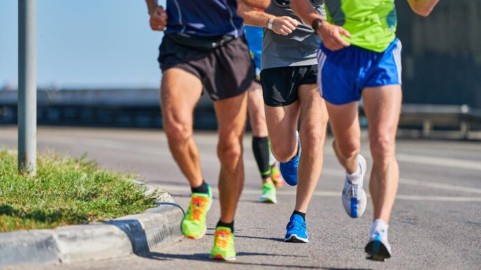 Three male runners in shorts and running shoes competing in a marathon