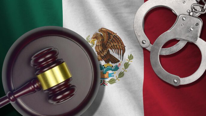 A gavel and handcuffs are shown over a Mexican flag, symbolizing law and justice