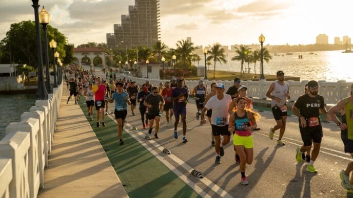 A large group of runners competes in the Miami Marathon on the Venetian Causeway at sunrise