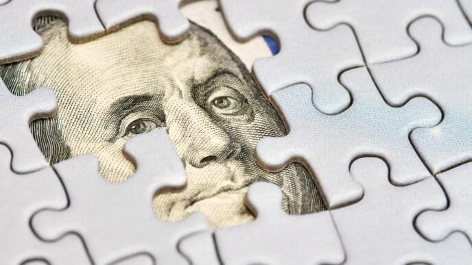 A puzzle with a missing piece that reveals a portion of a hundred-dollar bill