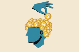 An illustration of a hand placing a golden coin into the head of a person