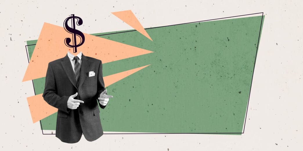 Businessman with dollar sign head points to green space