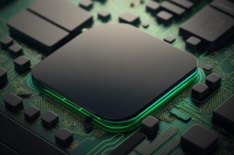 A macro close-up of a modern computer chip on a circuit board with glowing green light